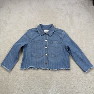 Liverpool Cut Hem Denim Jacket Womens M Blue Sunset Stripe 3/4 Sleeve Raw Hem